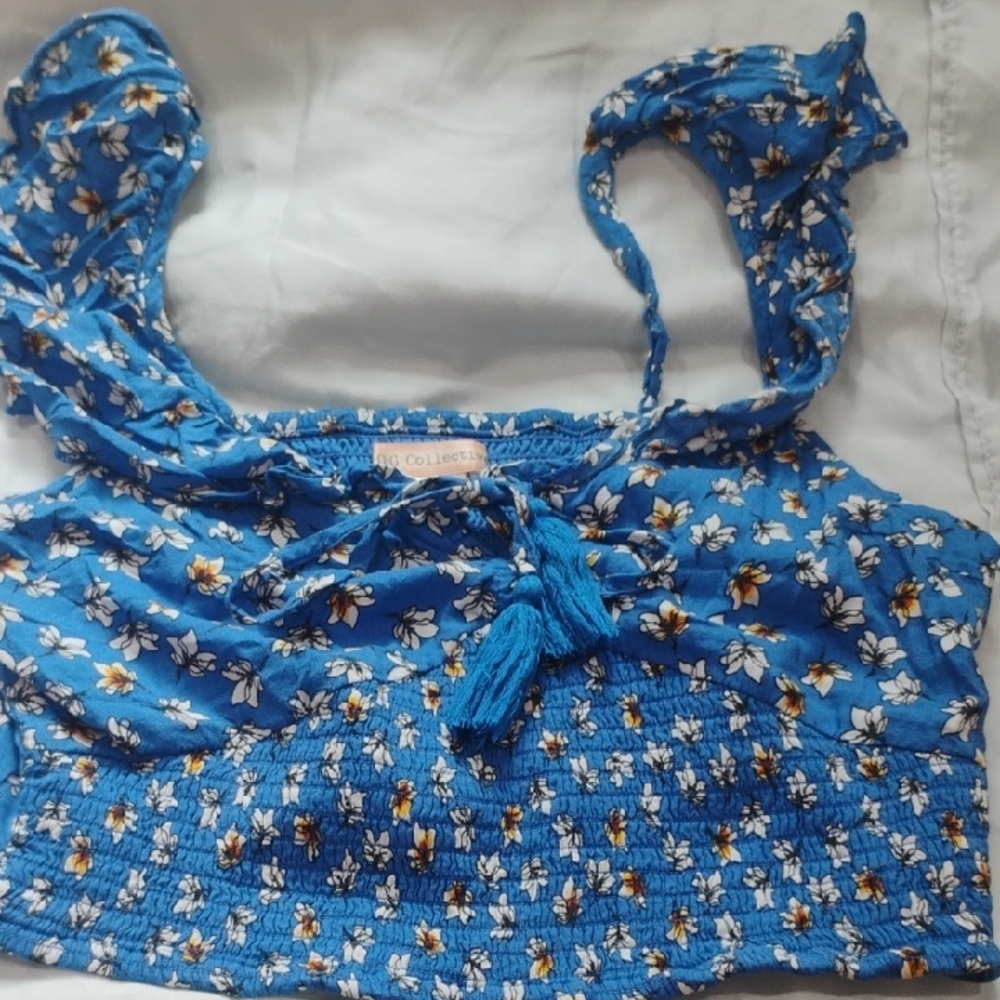 Blue Smocked Tie Front Tank Top